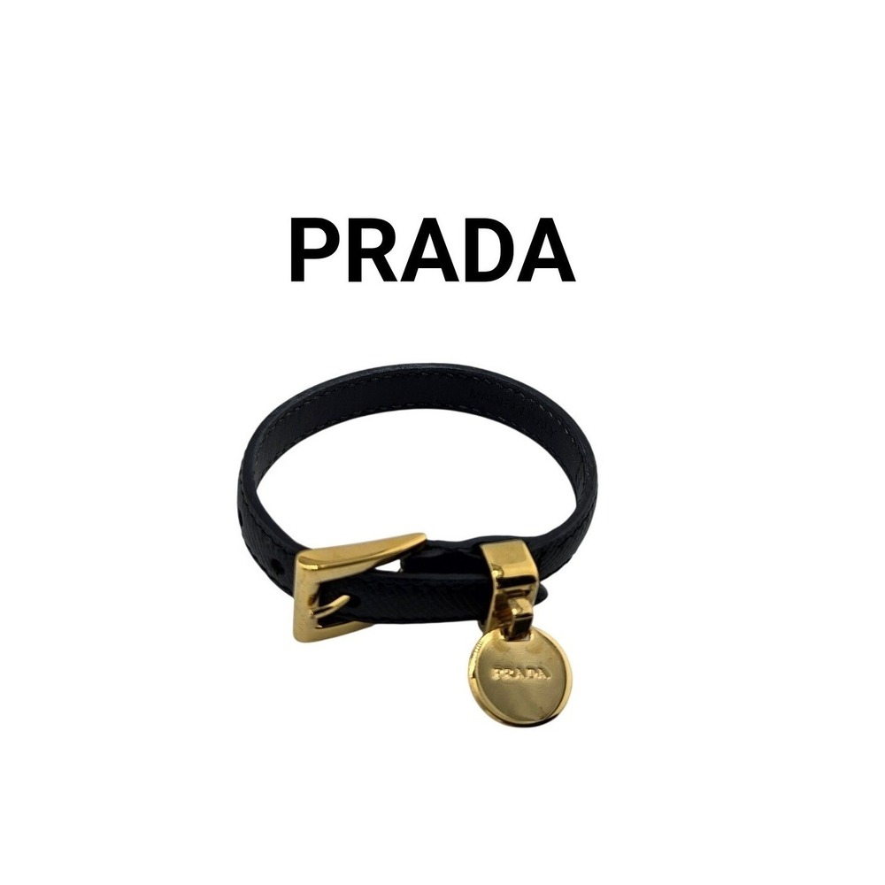 Prada Saffiano Leather Buckle Bracelet Black Gold Charm Made in Italy Size S